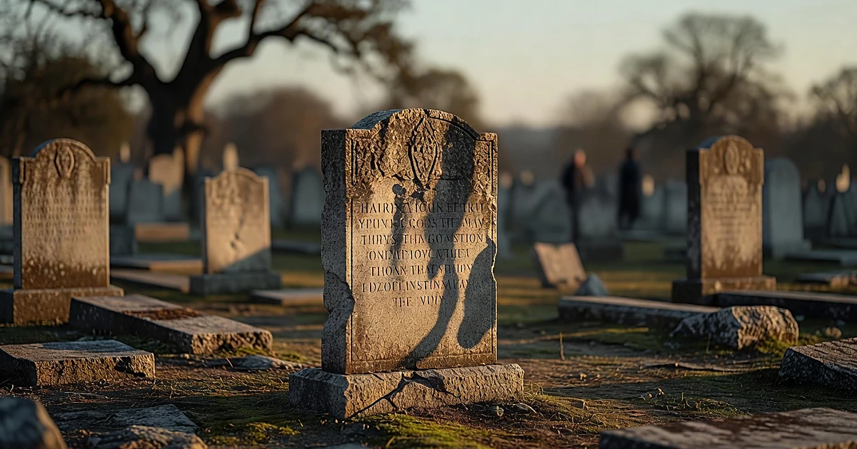 Weathered cemetery headstone at golden hour with blurred grave markers in background