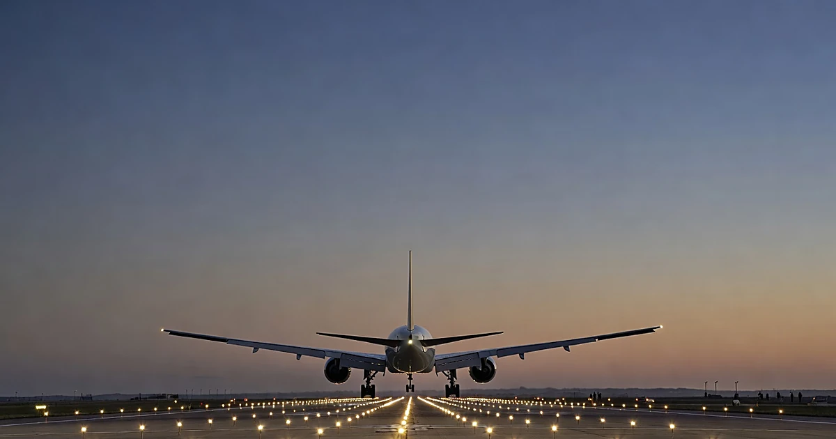 Boeing 777 aircraft on final approach to landing at dusk with landing gear deployed against dramatic cloudy sky