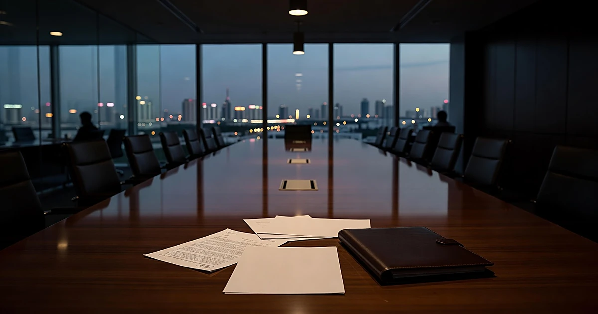 Empty corporate boardroom with scattered documents on table, Bangkok city lights visible through windows at dusk