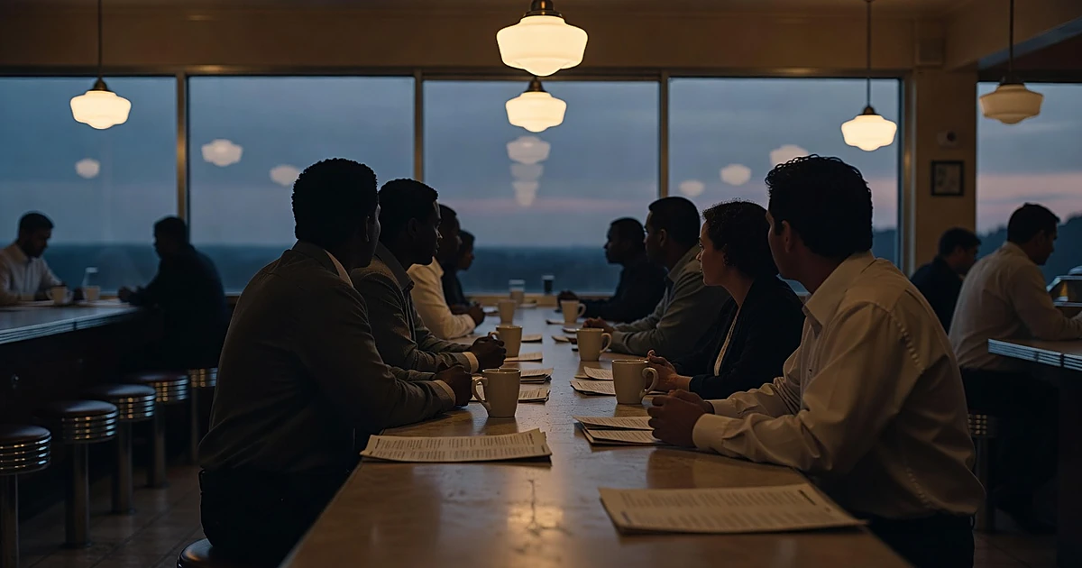 Silhouetted figures seated at a diner counter at dusk, viewed from behind with warm interior lighting