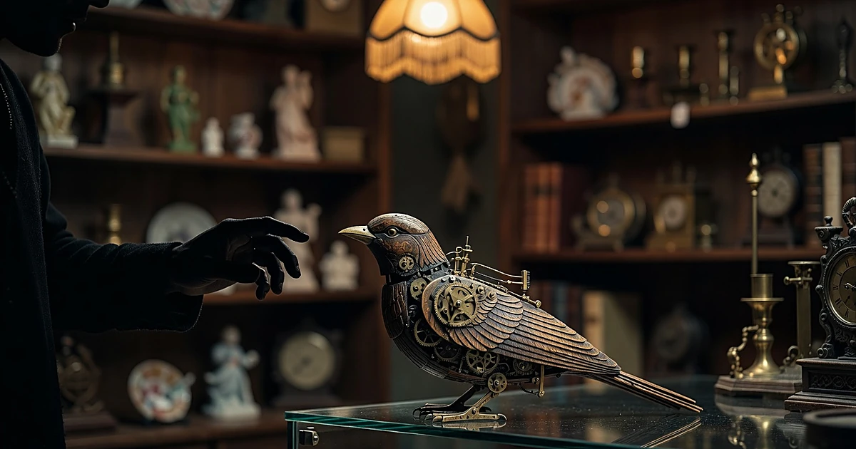 Vintage wooden mechanical bird automaton on display shelf in antique shop with hand reaching toward it