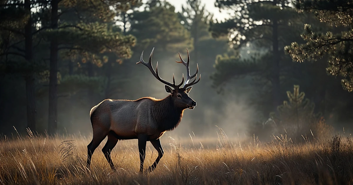 Bull elk with large antlers standing alert in misty forest clearing during golden hour