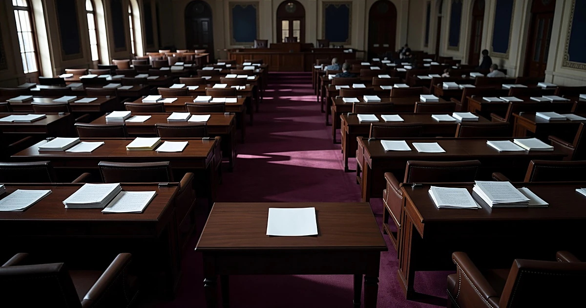 Empty House chamber with scattered papers on desks, dramatic side lighting creating shadows across burgundy carpet