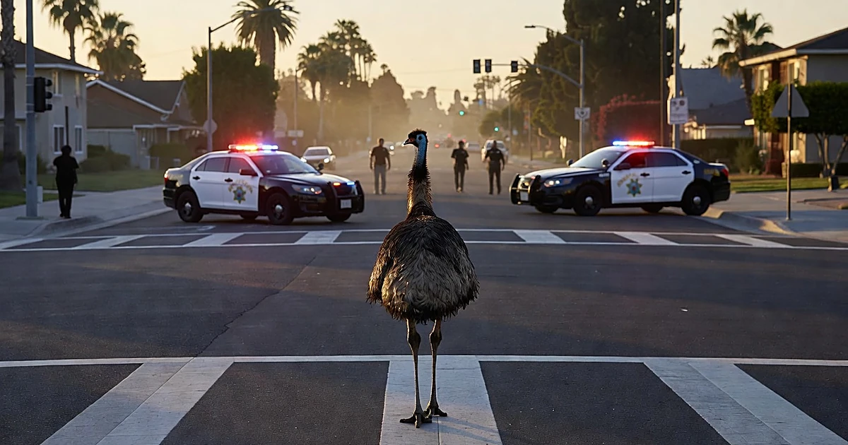 Emu standing in suburban intersection with California Highway Patrol vehicles and flashing lights in background