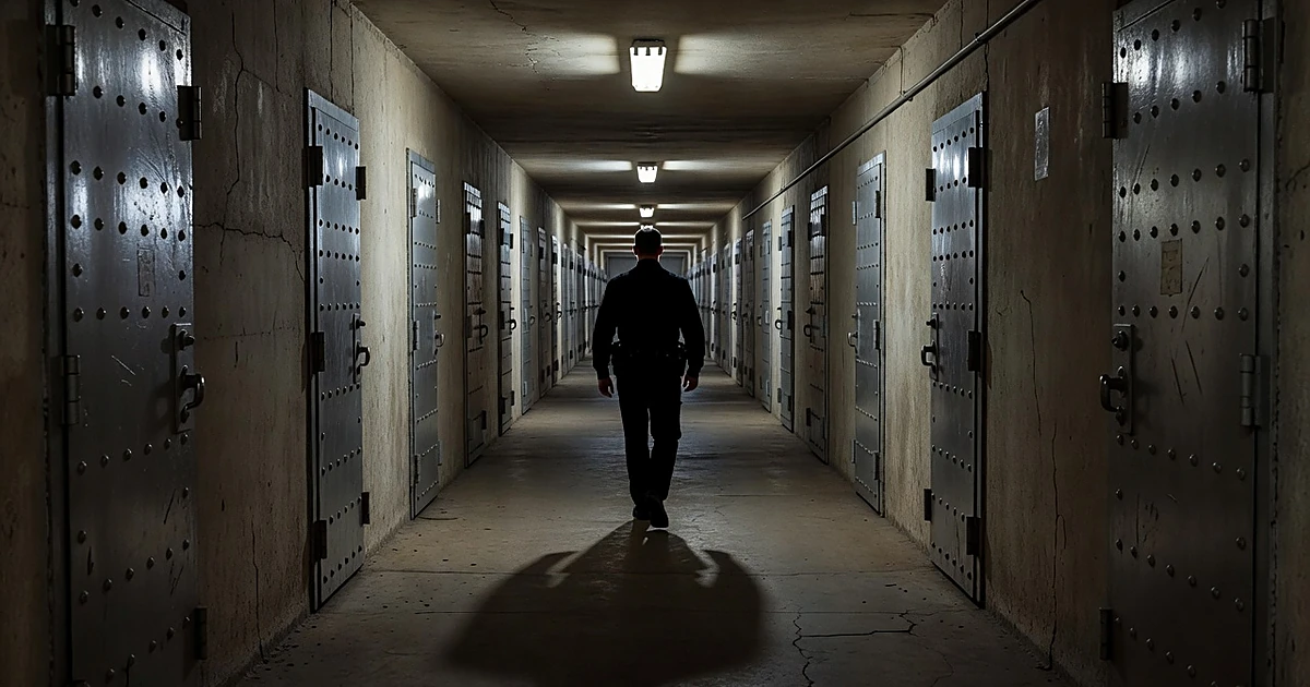 Prison corridor with silhouetted corrections officer walking between rows of cell doors in harsh fluorescent light