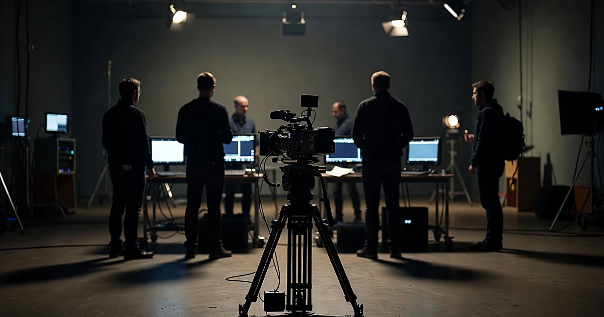 Film camera rig on soundstage with silhouetted crew members behind monitors during screen test setup