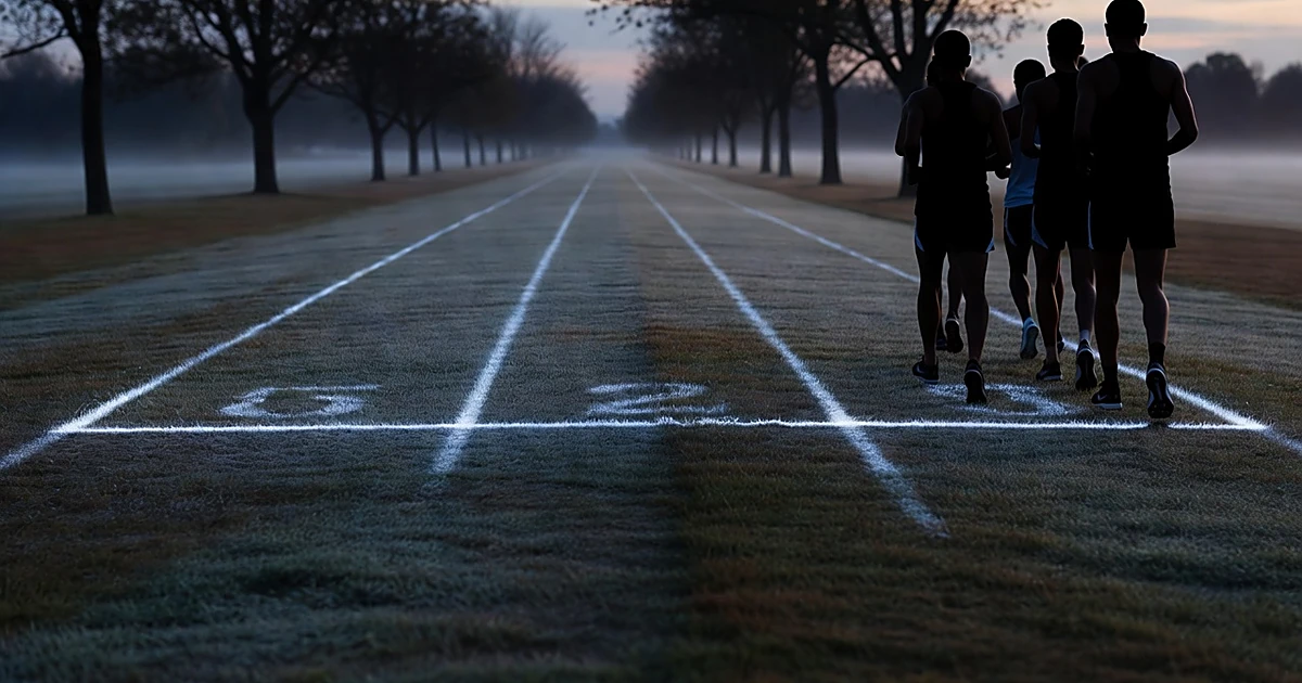 Empty cross country starting line with silhouetted runners at dusk on grass field with trees in background