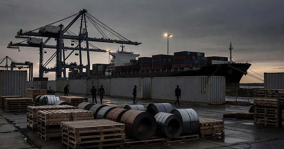 Commercial shipping dock with lumber pallets, steel coils, and cargo ship silhouette at dusk