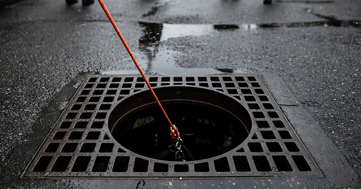 Storm drain grate with orange rescue rope and harness descending into opening, wet pavement surrounding
