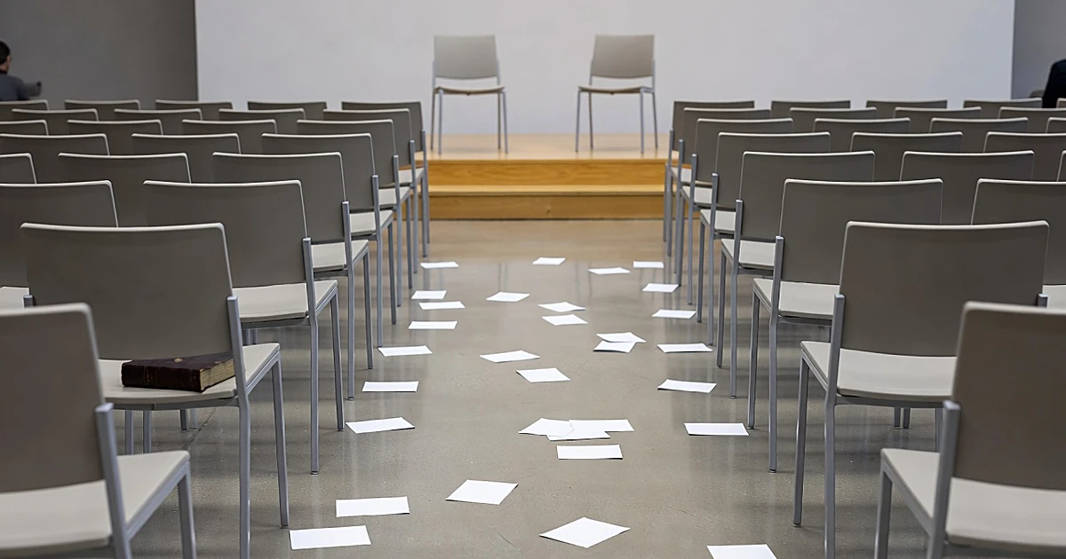 Empty town hall forum chairs with Bible resting on seat and scattered blank notecards on floor