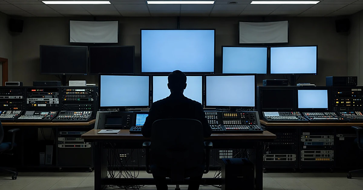 Silhouette of broadcast producer at control room console with multiple blank monitors in television studio