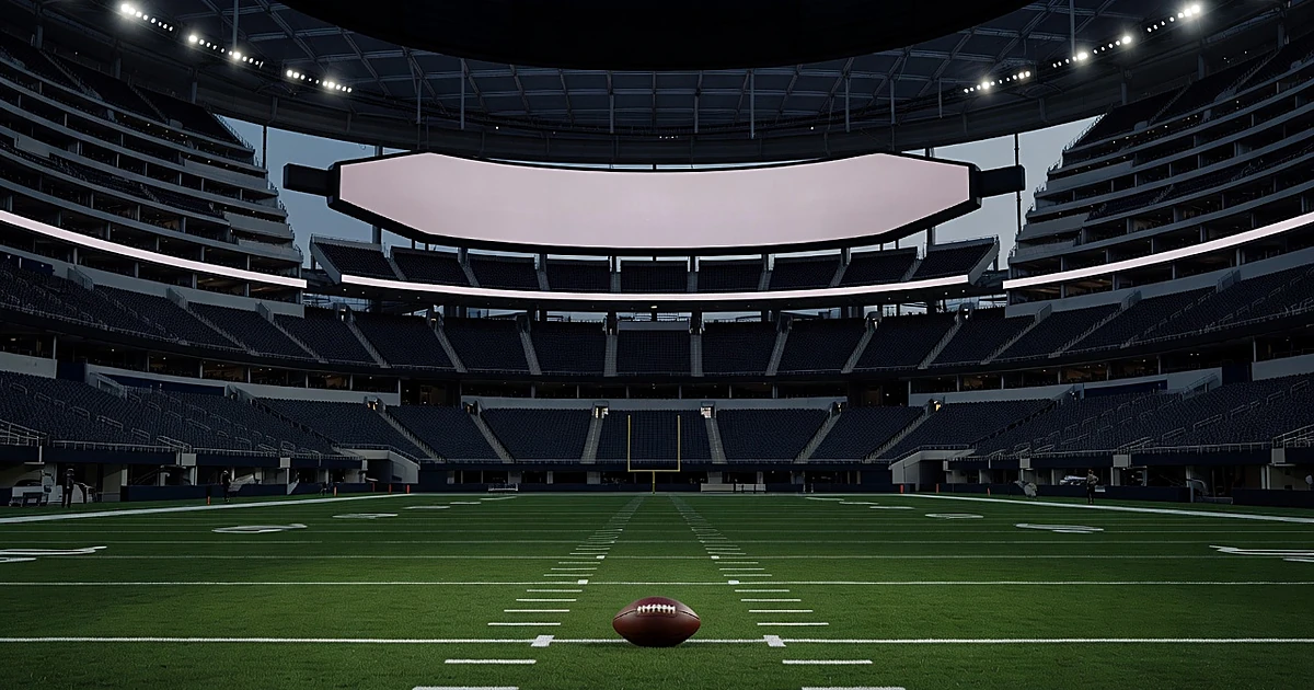 Empty football stadium interior at dusk with single football on field and vacant seats in background