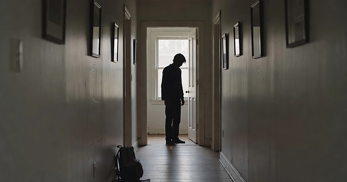 Silhouetted parent standing alone in dimly lit residential hallway with empty picture frames on walls