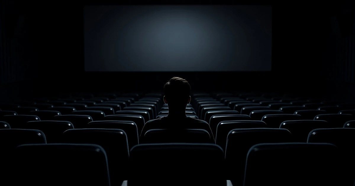Silhouetted figure seated alone in darkened movie theater facing illuminated screen