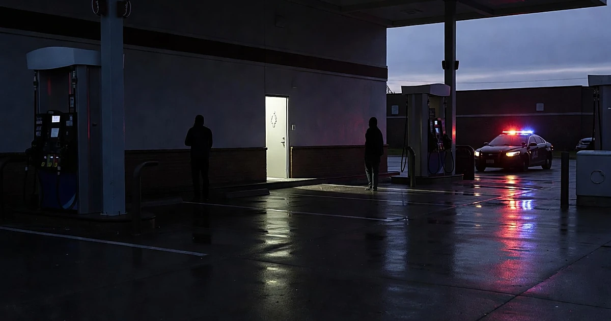 Gas station exterior at night with police lights reflecting on wet pavement and crime scene tape in foreground