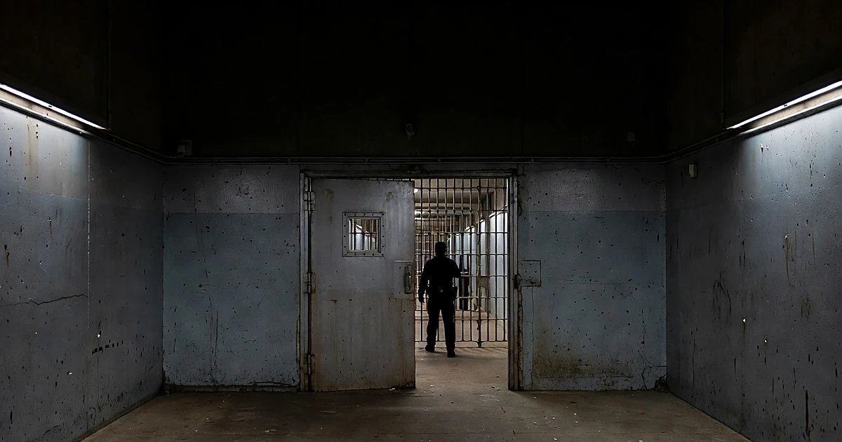 Prison security door ajar in dimly lit corridor with silhouetted guard figure and barred gates beyond