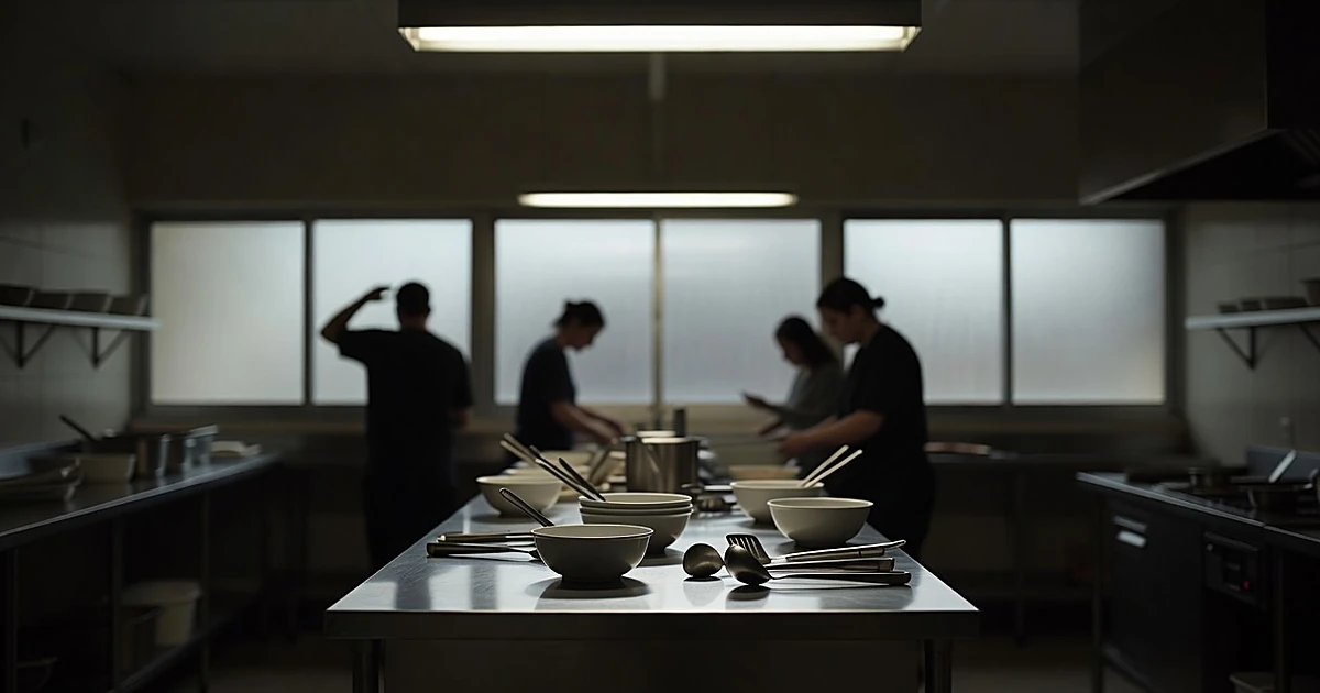 Institutional kitchen with stainless steel counter, ceramic bowls, and silhouetted figures behind frosted glass