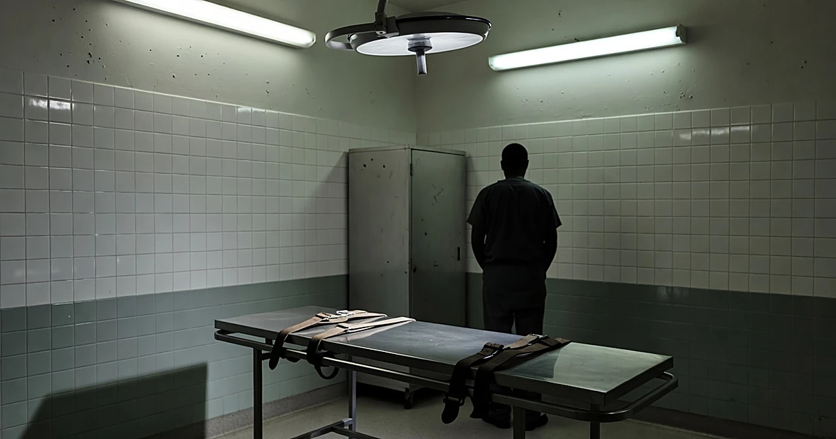Prison medical examination room with gurney and restraint straps under harsh lighting