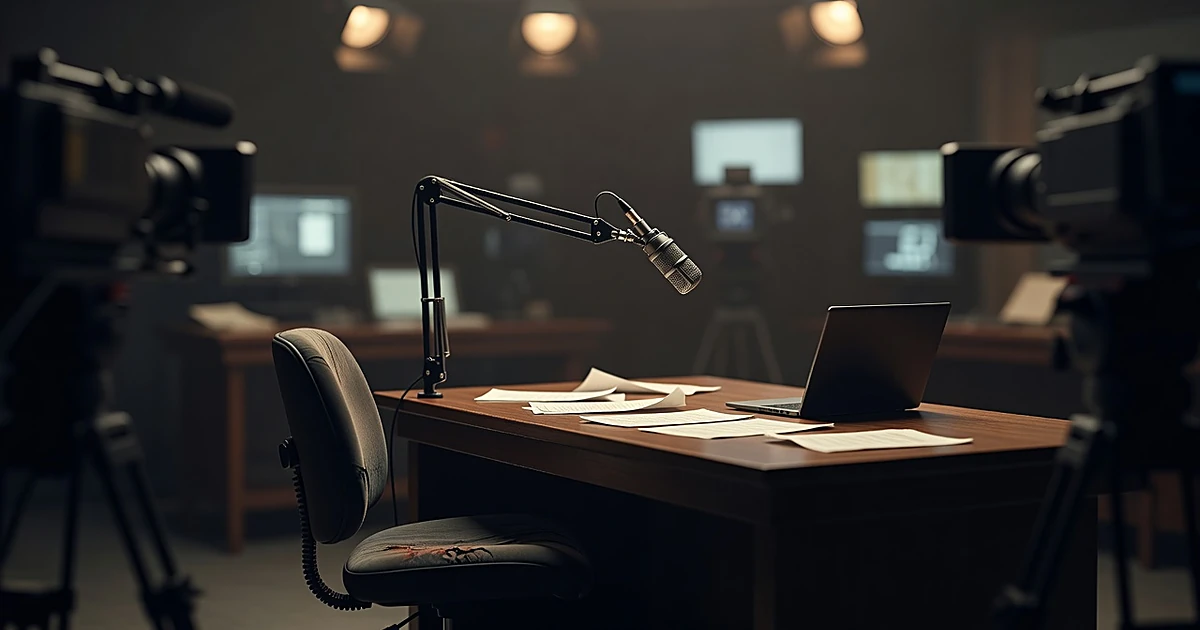 Empty broadcast anchor desk with microphone and studio cameras in soft focus background