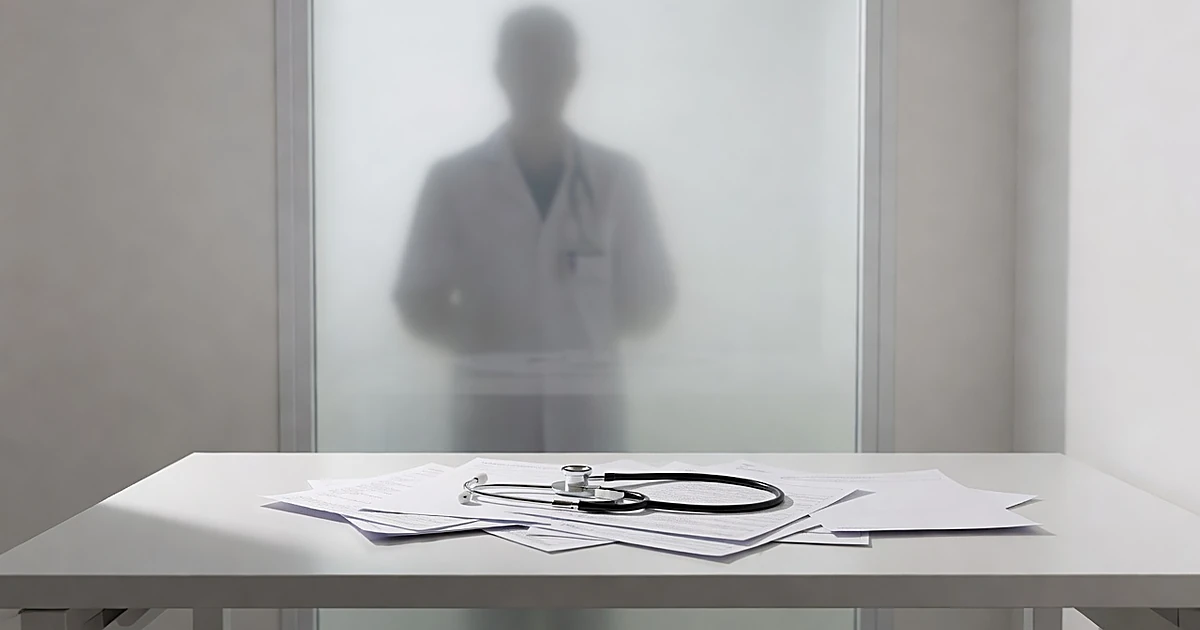 Medical examination room with stethoscope and charts on table, silhouetted doctor visible through frosted glass