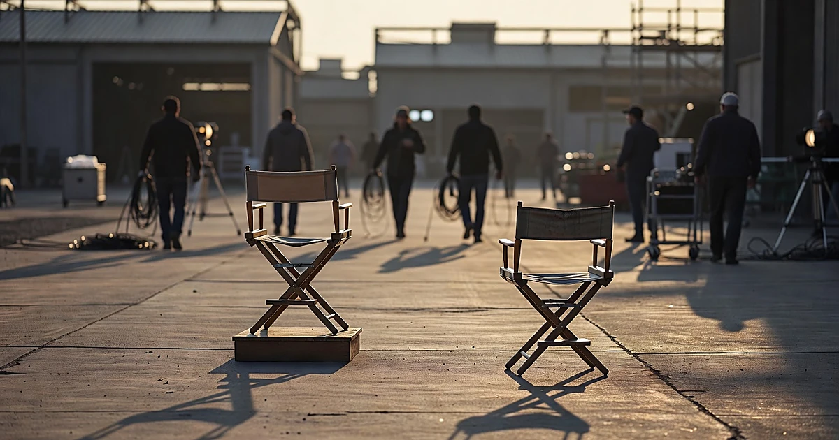 Two director's chairs on a studio backlot, one elevated and forward, the other lower and behind, casting unequal shadows