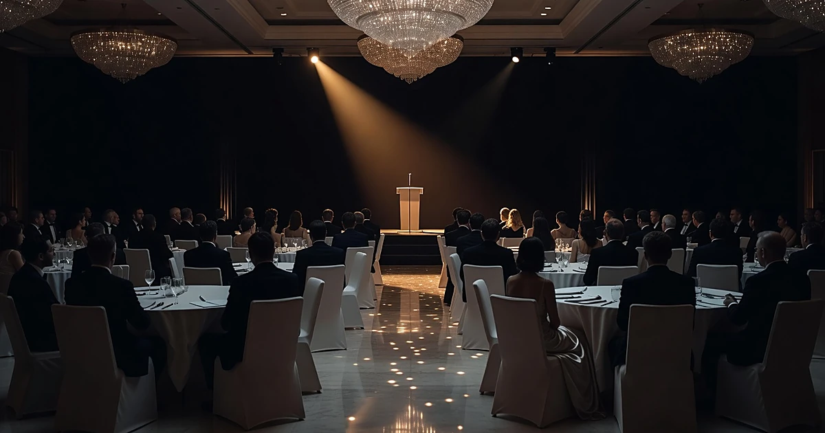 Silhouetted formal gala audience facing illuminated stage with podium in luxury ballroom setting