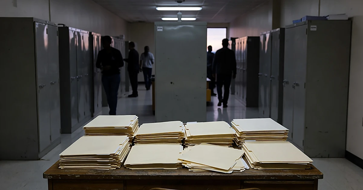 Nonprofit office interior with stacks of files on desk and silhouetted figures in background corridor