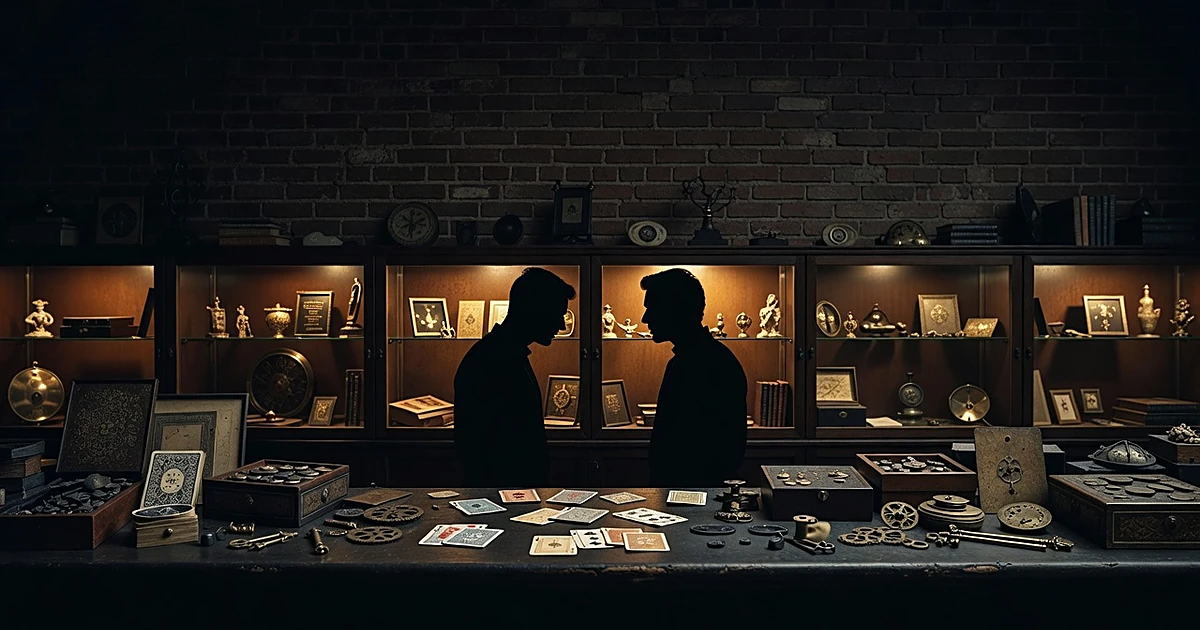 Interior of vintage curiosity shop with antique items on counter and silhouetted figures in tense conversation