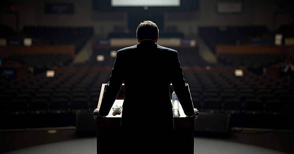 Silhouetted figure at campaign podium with empty rally venue in background, tissues and water bottle visible