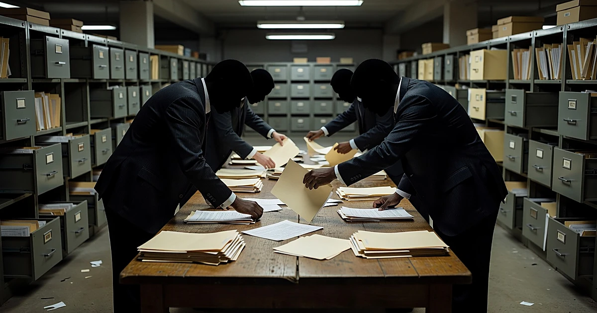 Silhouetted figures reviewing documents on table in government archive room with filing cabinets in background