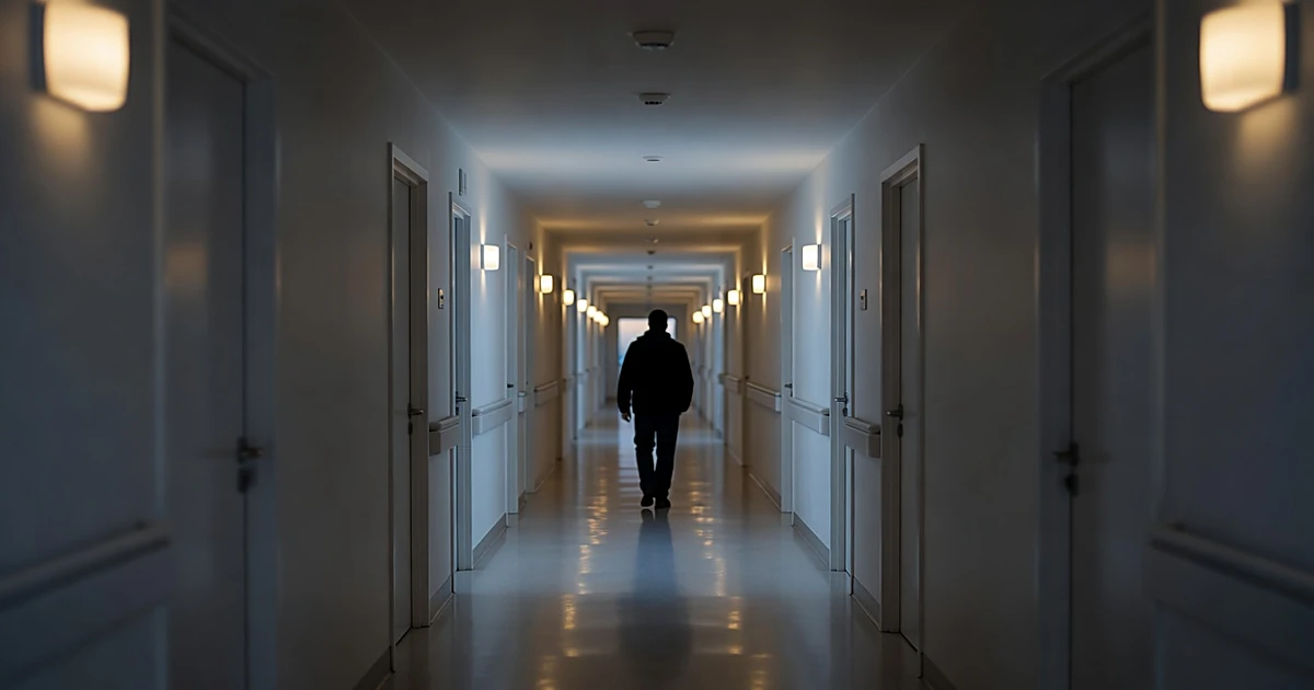 Dimly lit rehabilitation facility hallway with silhouetted figure walking away in shadows at dusk
