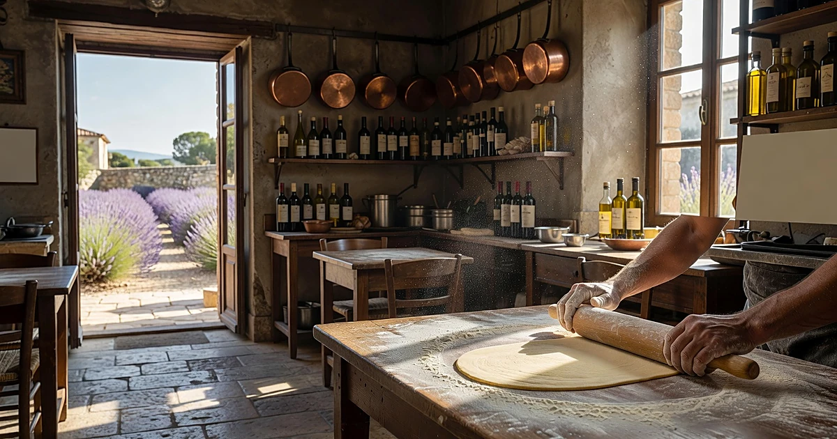 Chef's hands rolling pasta dough in rustic Italian restaurant kitchen with Proven&ccedil;al courtyard visible through doorway