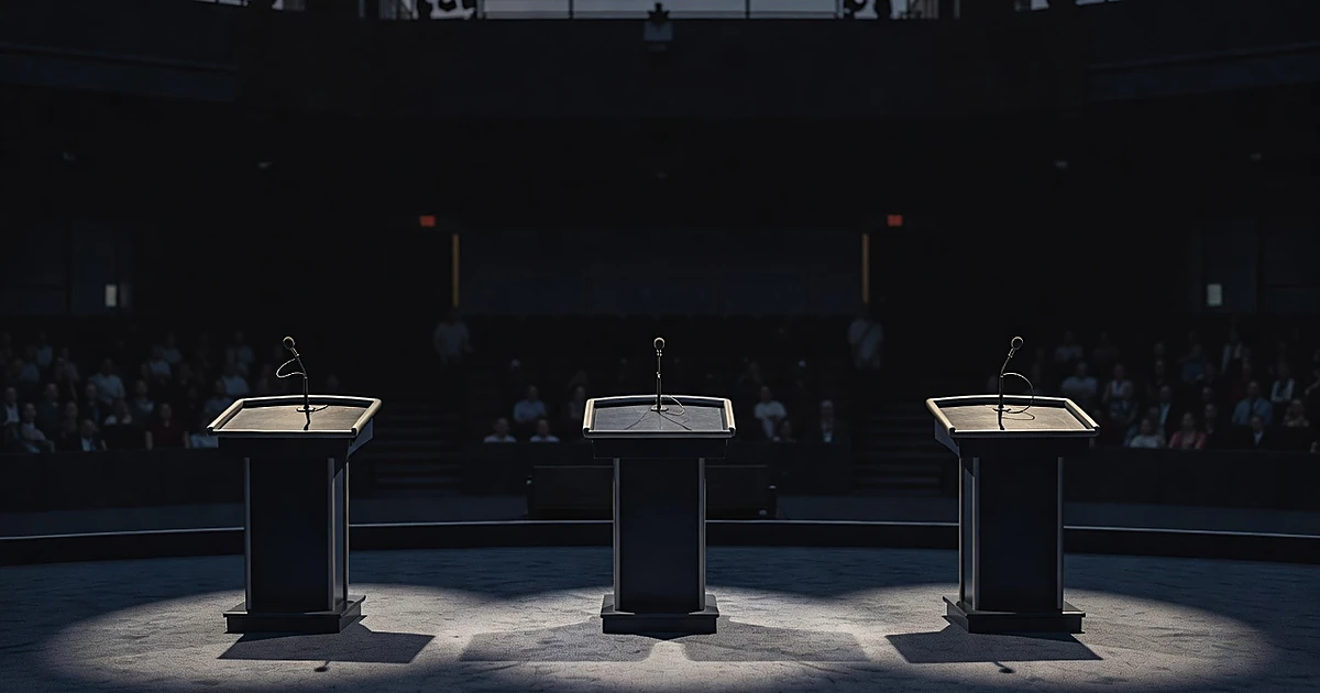 Empty debate stage with three unoccupied podiums under spotlights at dusk