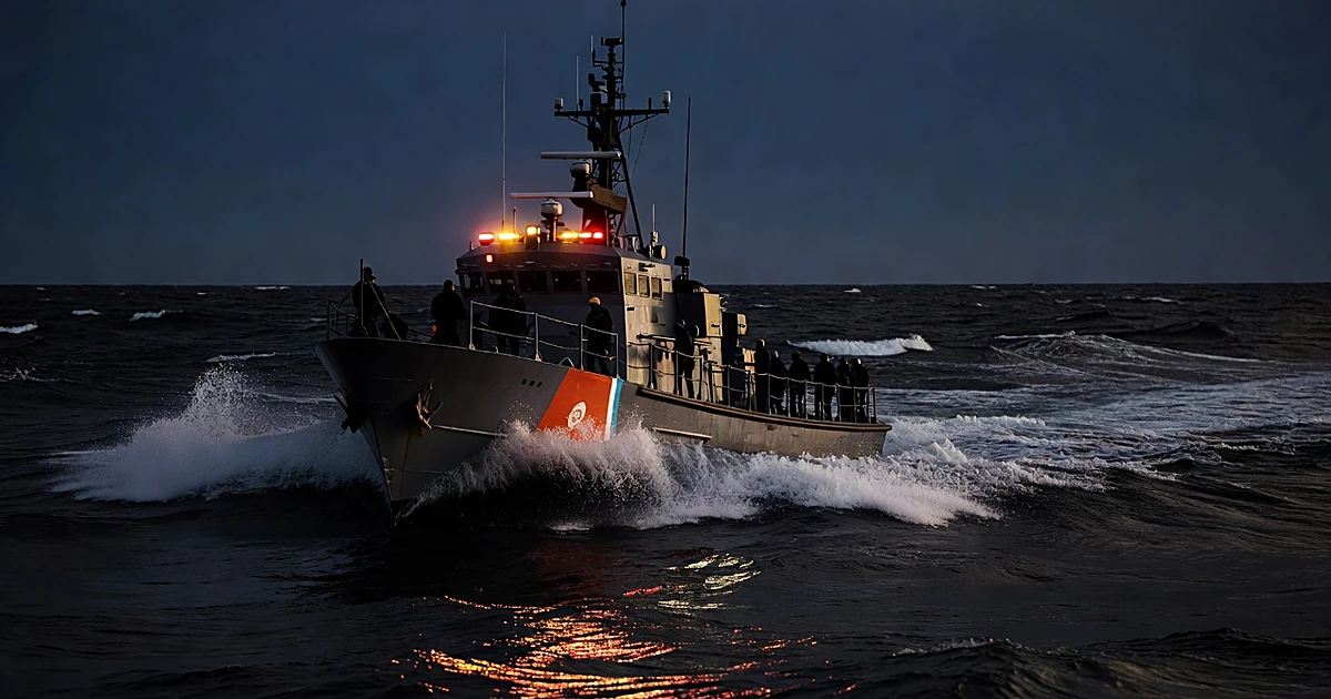 Coast Guard vessel moving through Atlantic waters at dusk with emergency lights reflecting on ocean surface
