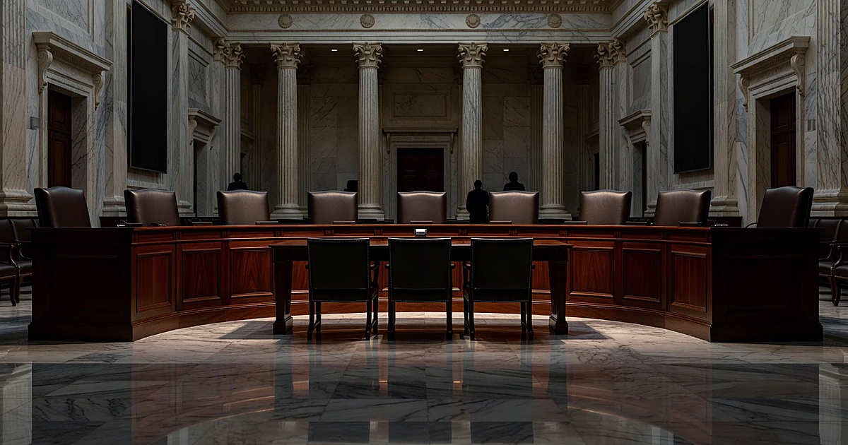 Empty Supreme Court bench with nine leather chairs in grand judicial chamber with marble floor