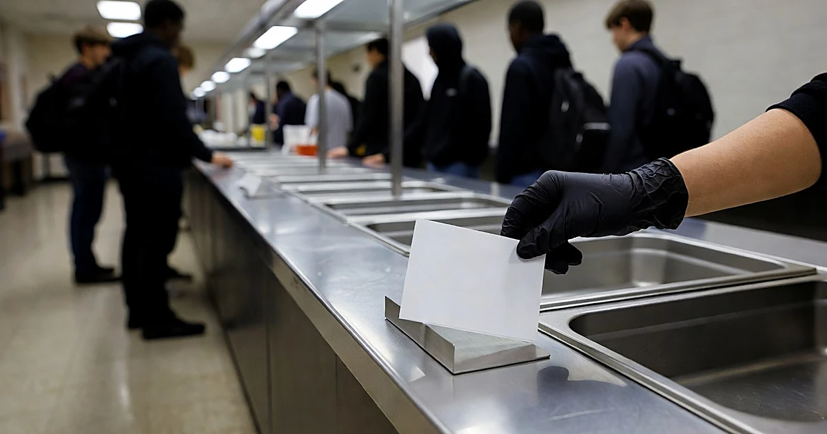 Cafeteria serving station with hand placing blank menu card into holder, students silhouetted in background