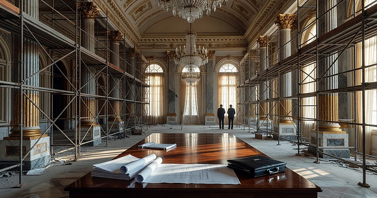 Empty ornate ballroom under construction with scaffolding, chandeliers, and business documents on table in foreground