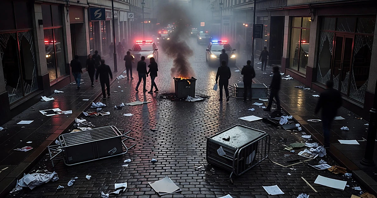 Urban street scene with debris, smoke, and emergency lights during civil unrest at dusk
