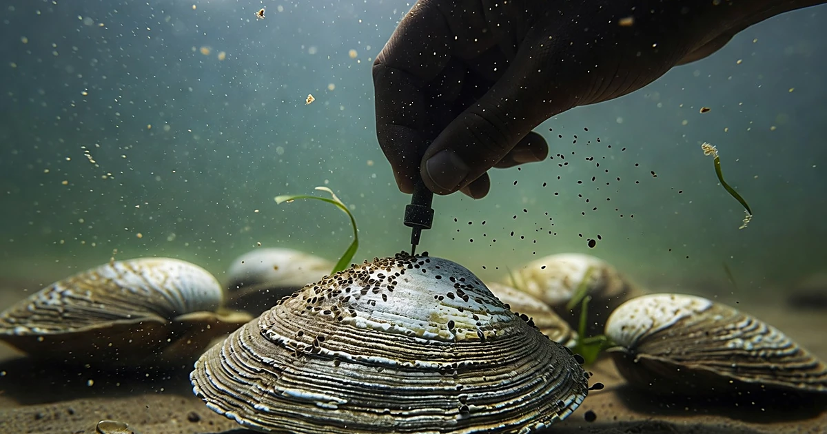 Underwater view of hand attaching eelgrass seeds to clam shell with applicator tool in murky coastal water