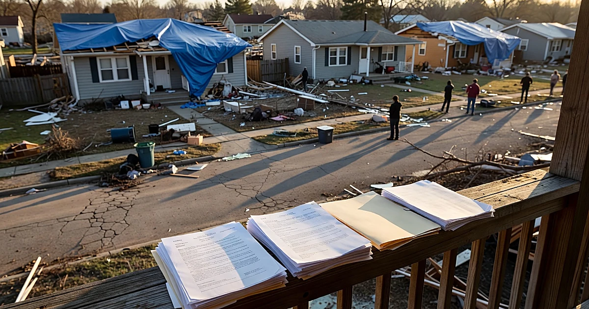 Storm-damaged homes with blue tarps on roofs at dusk, official documents in foreground on weathered porch railing