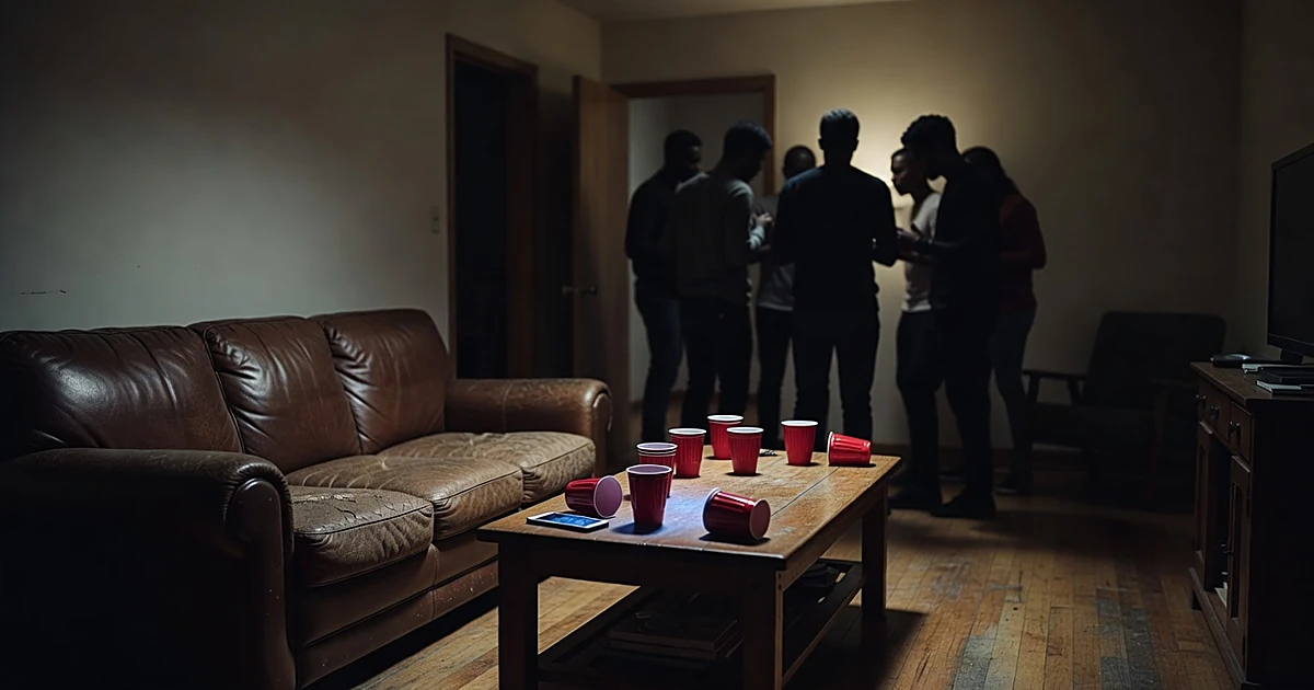 Fraternity house common room with scattered cups and silhouetted figures in urgent discussion in background