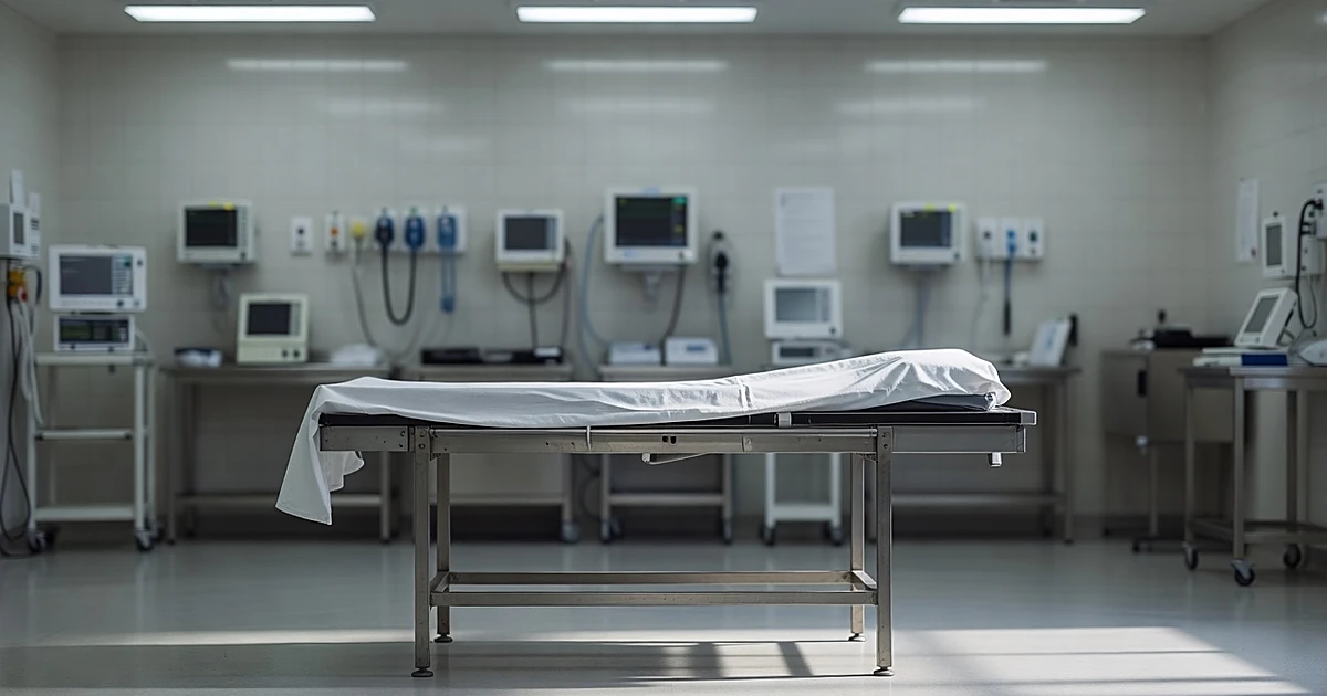 Morgue examination room with steel table and monitoring equipment under fluorescent lighting