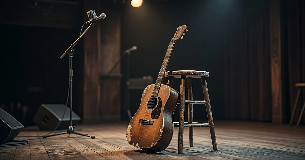 Acoustic guitar on empty honky-tonk stage with warm lighting and blurred background