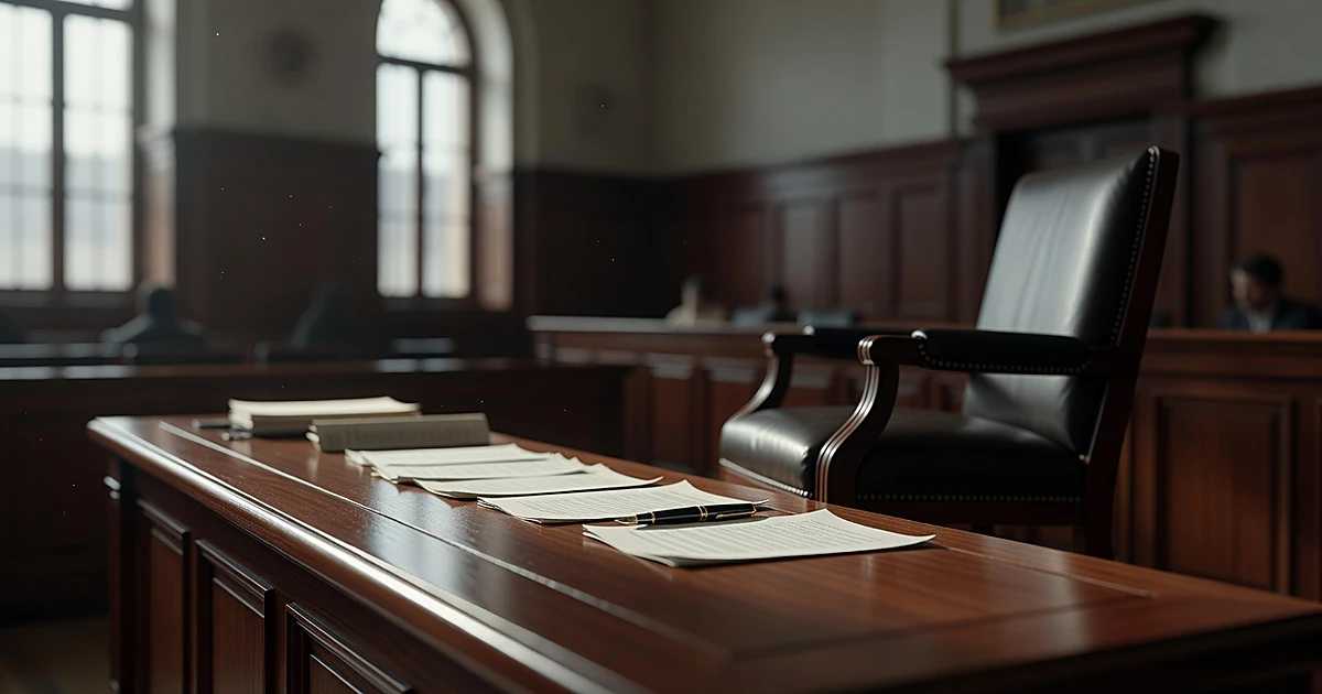Empty courtroom judge's bench with scattered legal documents and fountain pen in natural window light