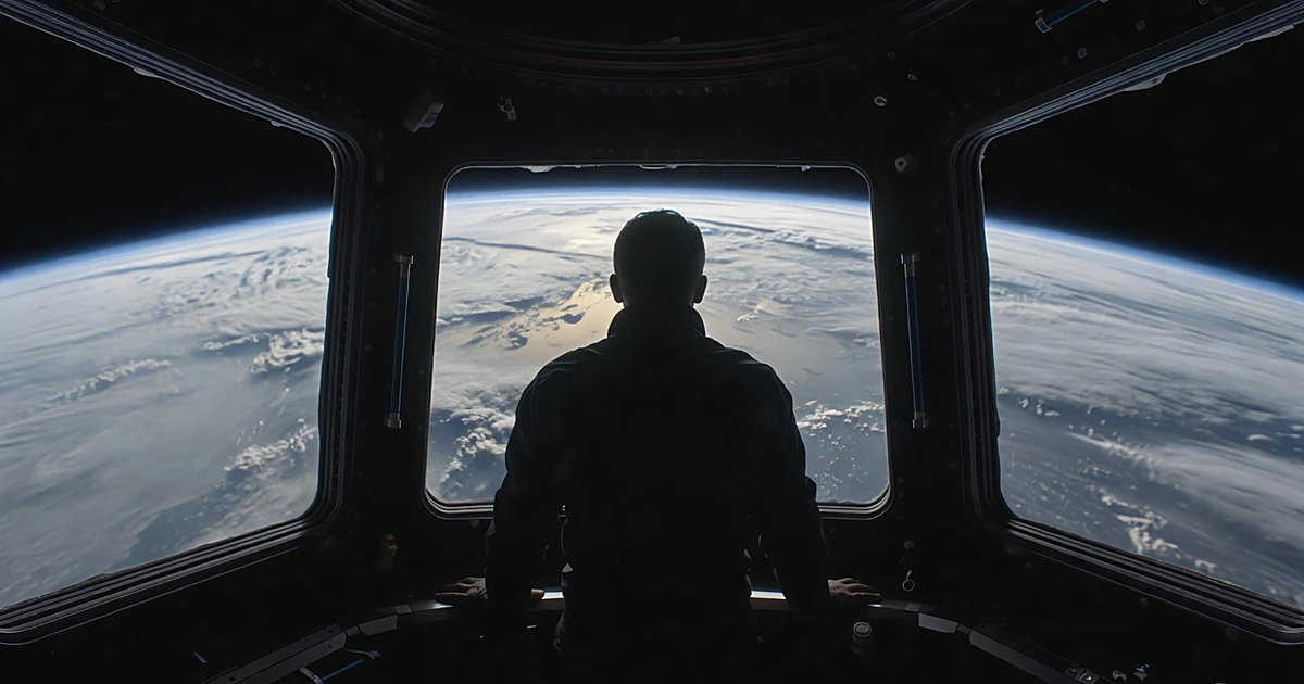 Silhouetted astronaut viewing Earth from space station window with thin blue atmospheric line visible against darkness
