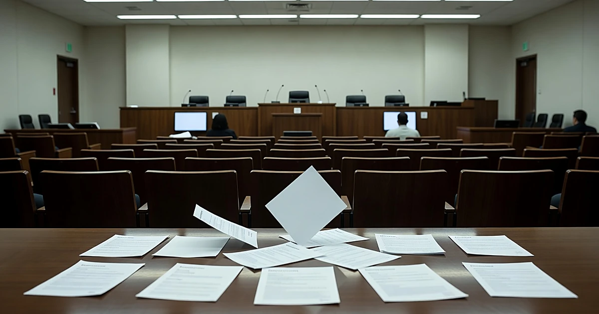 Empty city council chamber with blank ballot papers scattered on table and silhouetted figures in background