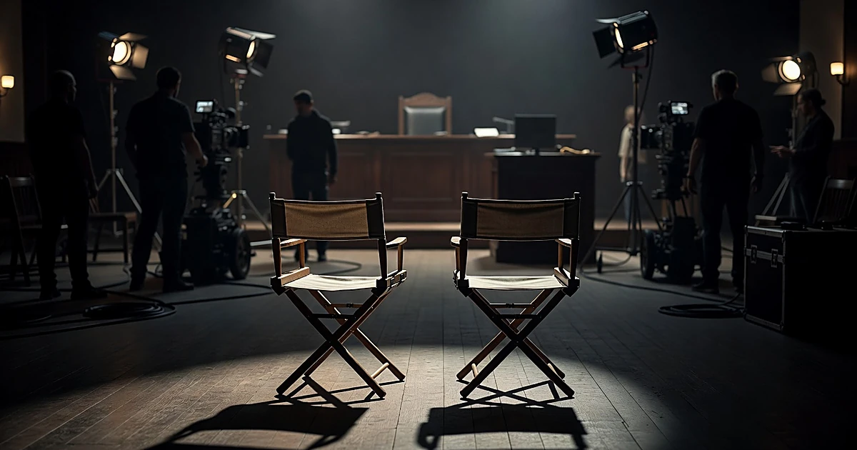 Empty director chairs on movie courtroom set with film crew silhouettes and dramatic stage lighting