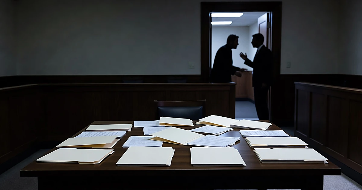 Empty New York courtroom with scattered file folders on table and silhouetted figures in tense discussion by doorway