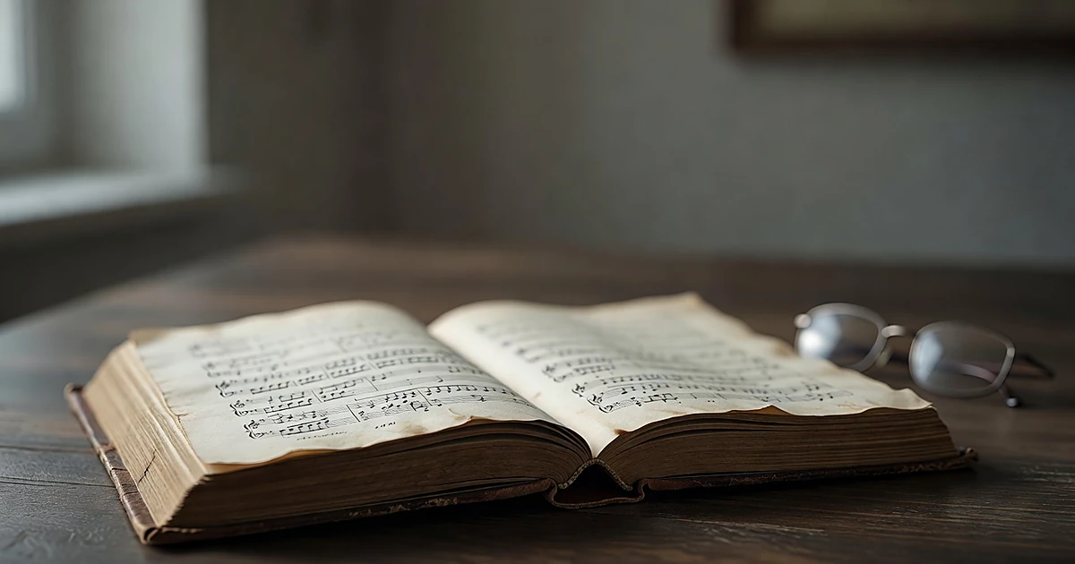 Open theatrical script on wooden table with reading glasses beside it in soft natural light