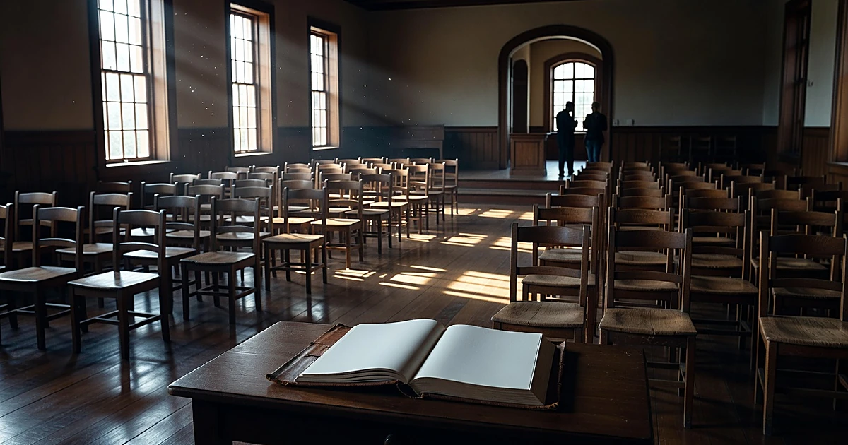 Empty colonial meeting hall with wooden chairs and sunlight streaming through tall windows